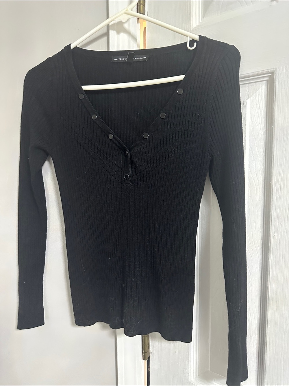 White House Black Market Black Ribbed Long-Sleeve Henley Top